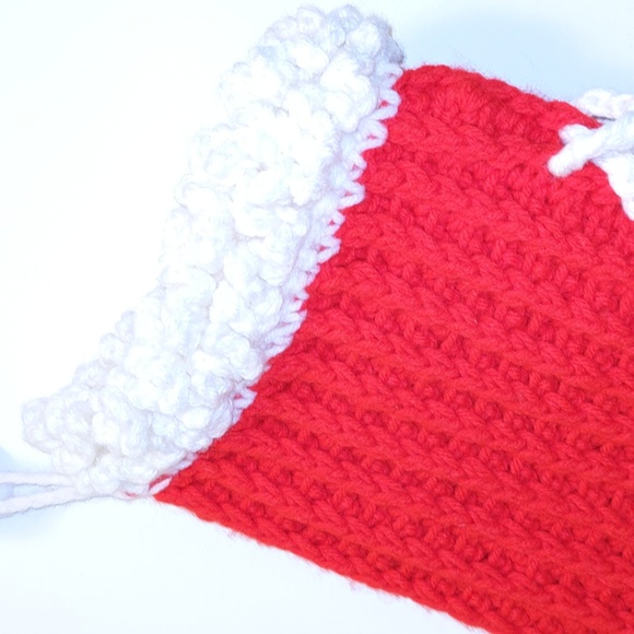Handmade Red and White Lace Up Yarn Christmas Holiday Stocking - Picture 3 of 12